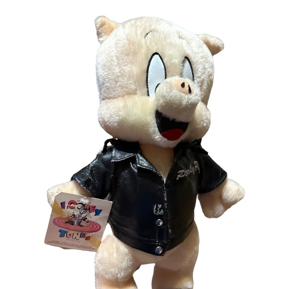 Looney Tunes 1995 Porky Pig That's All Folk's Plush Stuffed Leather Jacket - Picture 2 of 11